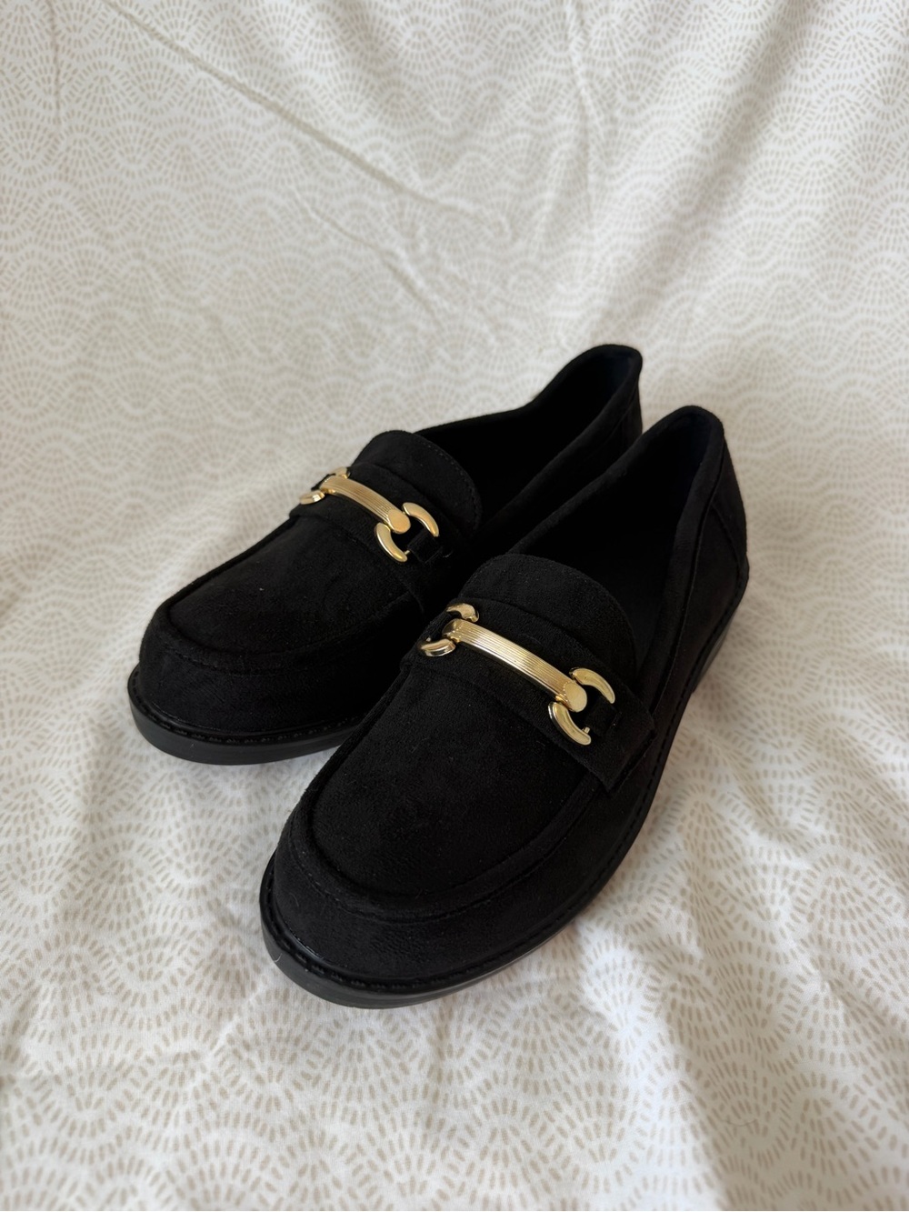 Black Suede Loafers with Gold Bit Accent